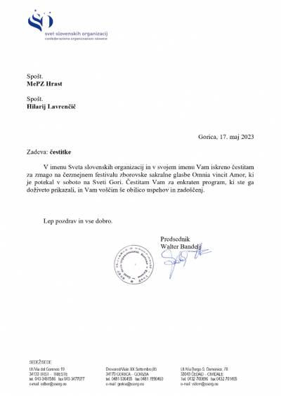 Čestitke ob prvem mestu na festivalu Omnia vincit Amor je MePZ Hrast poslal predsednik SSO Walter Bandelj